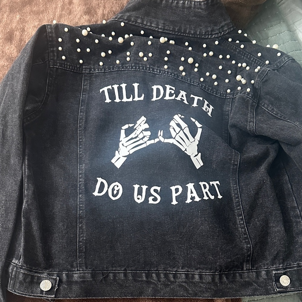 Black Denim Jacket with Pearl Accents